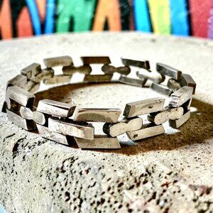 Vintage Heavy Bracelet 925 Sterling Silver Geometric Links Biker 30 gr